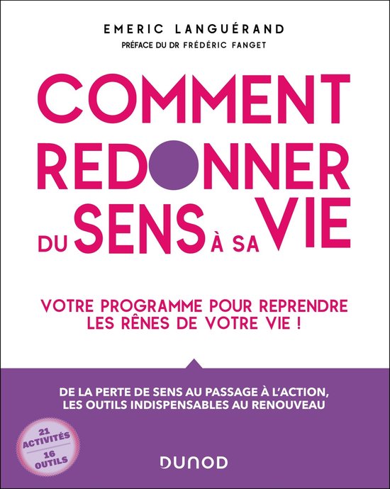 Couverture de livre avec le titre 'Comment redonner du sens à sa vie'. Le texte est en violet et rose.