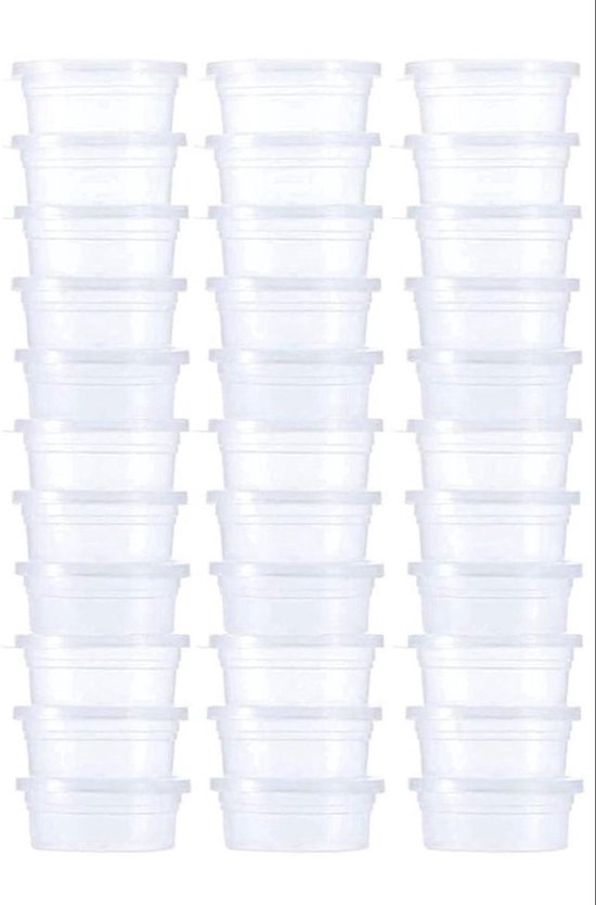 Stapel van 30 transparante plastic bakjes met deksels.
