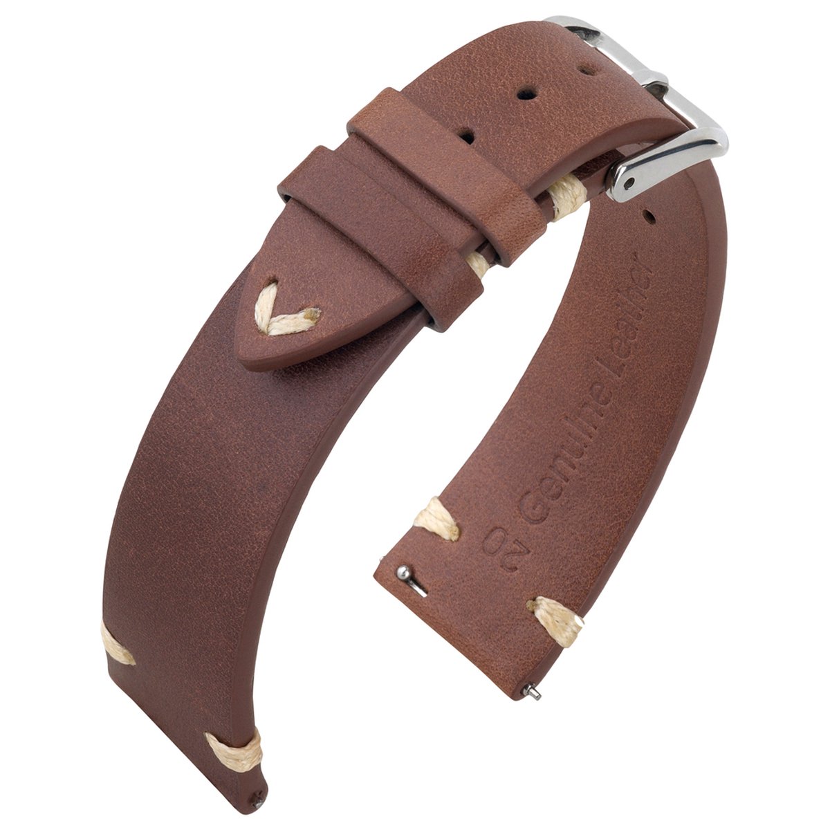 Oily Leather Vintage Lederen V-Stitch Horlogebandje - Makkelijk Zelf te Monteren - Bruin 19mm