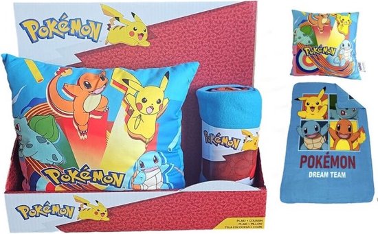 Pokemon Gift Set - Kussen + Fleece Deken - Cadeau Set - Pikachu - Charmander - Bulbasaur - Squirtle