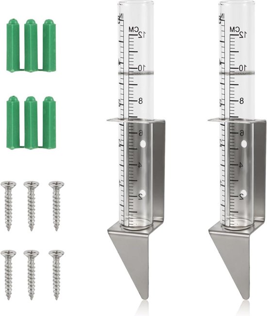 Foto: Regenmeter 2 stuks glazen regenmeter 5 inch capaciteit roestvrijstalen houder regenmeterstok tuingazons nauwkeurige regenmeting