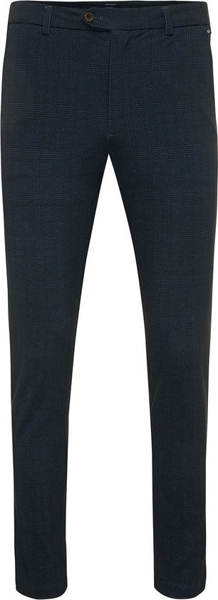Donkerblauwe pantalon met een discrete ruit in grijs en blauw.