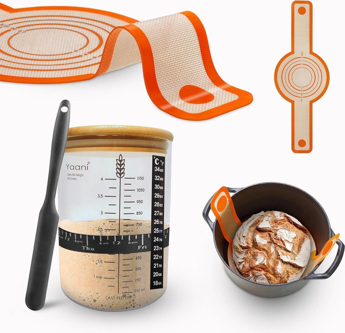 Lexium Zuurdesem starter set Broodbakaccessoires Zuurdesemglas Fermenteren Rijsmand voor Broodbakken Set Rijsmandje Rond