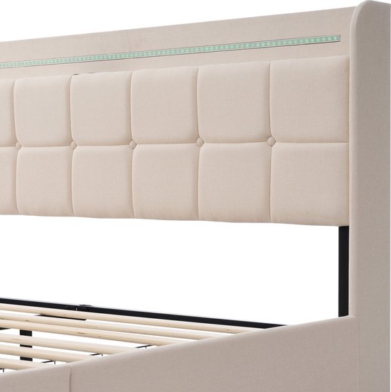 Merax Lit Double Queensize 160x200cm Comprenant Matras en Mousse Froide et 4 Tiroirs - Lit Rembourré avec Fonction de Chargement USB et LED- Siècle des Lumières - Beige