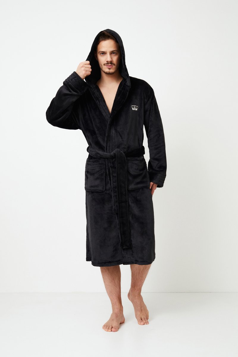Aruelle Zwarte Herenbadjas Met Kroonborduring Borst - Capuchon - Fleece-l