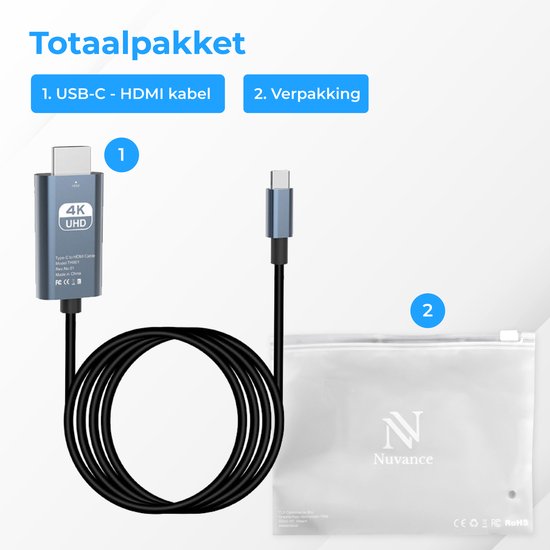 Complete set met een USB-C naar HDMI kabel en verpakking. De kabel is zilver met een 4K UHD logo en is opgerold.