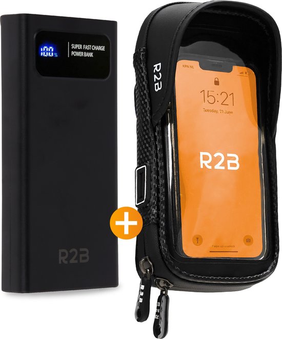 Foto: R2b robuuste telefoonhouder fiets waterdicht powerbank 10 000 mah 2 tot 4 keer opladen gsm houder fiets model leiden