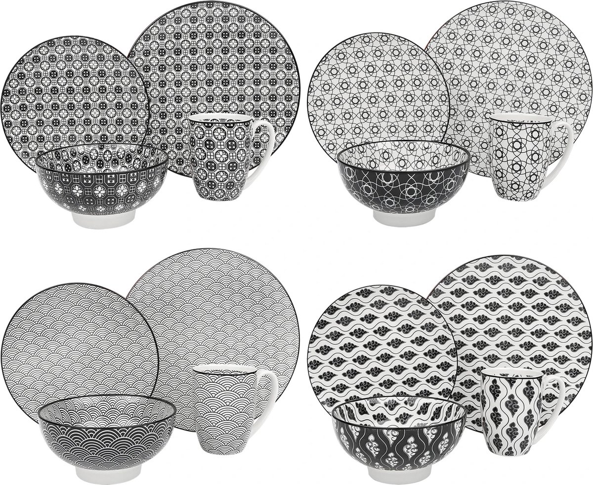 Luxe Serviesset – 16 delig – 4 persoons – Porselein - Bordenset – Dinner platen – Dessertborden - Kommen - Mokken - Schaaltjes - Wit