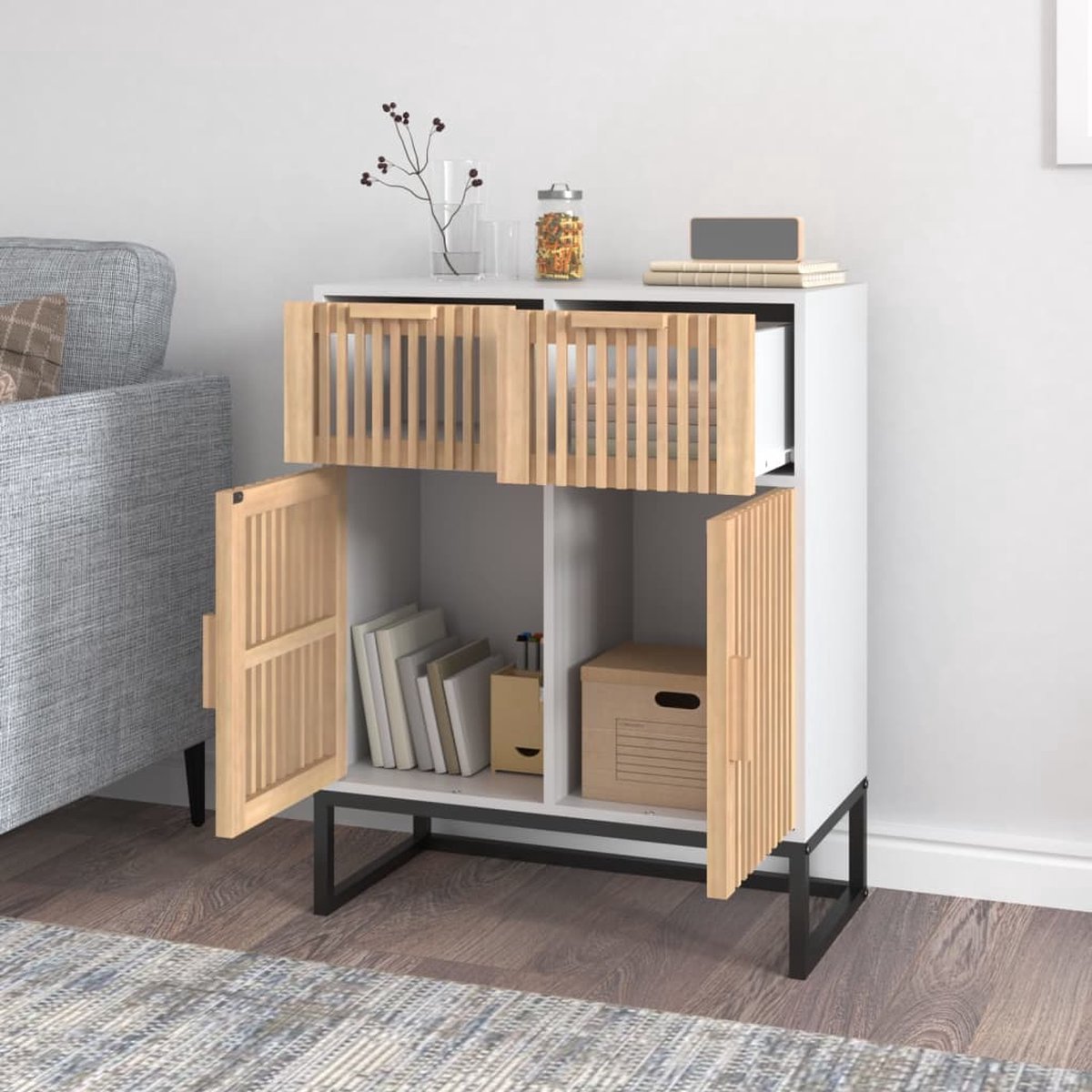 vidaXL Dressoir 60x30x75 cm massief grenen hout en rattan zwart, kast, dressoir kast, houten kast, wandkast, opbergkast, bijzetkast, opslagkast