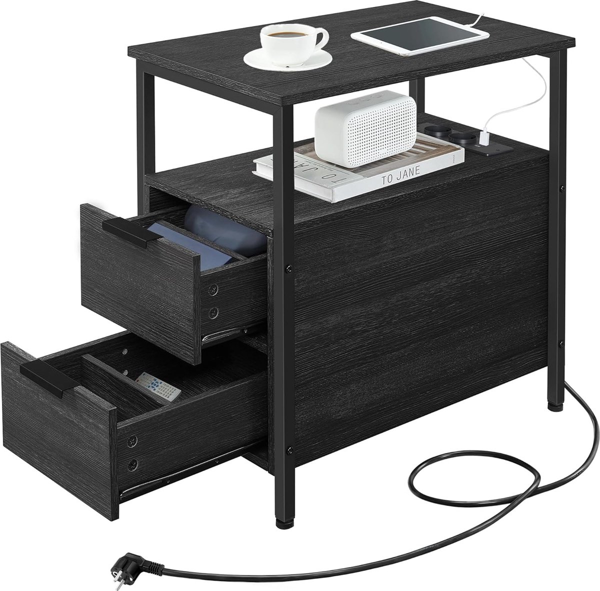FurnStar - Bijzettafel - Nachtkastje met Stekkerdoos - 2 Laden - Banktafel - Nachtkastje voor Woonkamer en Slaapkamer - Antracietgrijs - Inktzwart