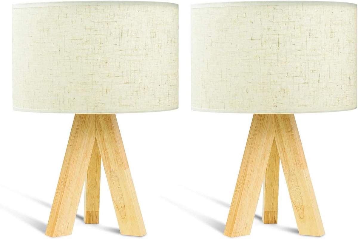 Houten bedlampjes - Set van 2 nachtkastje kinderbureaulamp met stoffen schaduw - Decoratieve slaapkamer woonkamer cadeau (beige)