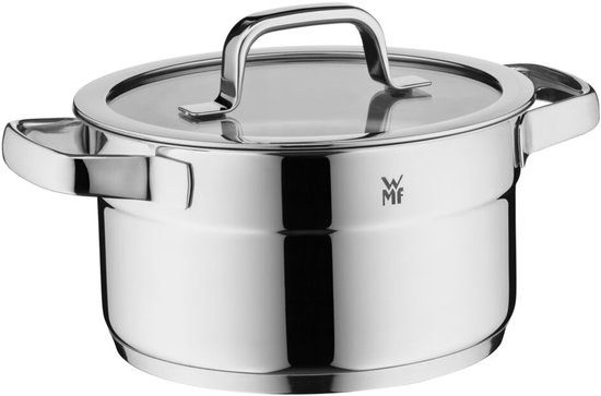 Een RVS pan met twee handvatten en een glazen deksel met handvat, met het WMF logo erop.