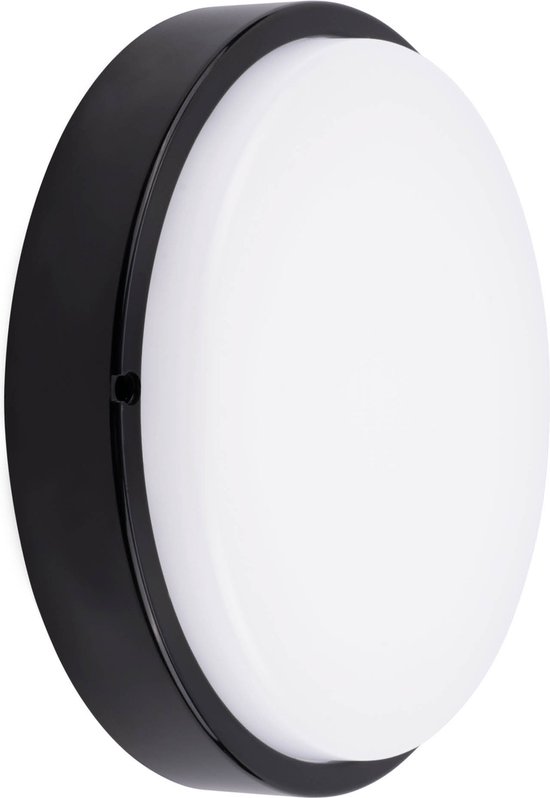 Plafonnier rond LED noir avec diffuseur blanc, vue rapprochée.