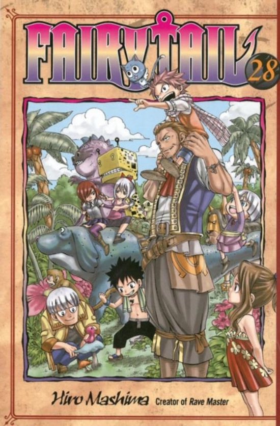 Cover van de manga 'Fairy Tail 28' met Natsu, Happy, Hiro Mashima en andere personages in een jungle.