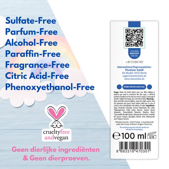 Minoris Baby Hydraterende Spray | Biologisch, Op Waterbasis, Dermatologisch Getest | Met Sheaboter, Kamille, Ceramiden | pH 5.5, Hypoallergeen, Niet-Vettig, Kalmerend, Diepe Hydratatie | 100 ml