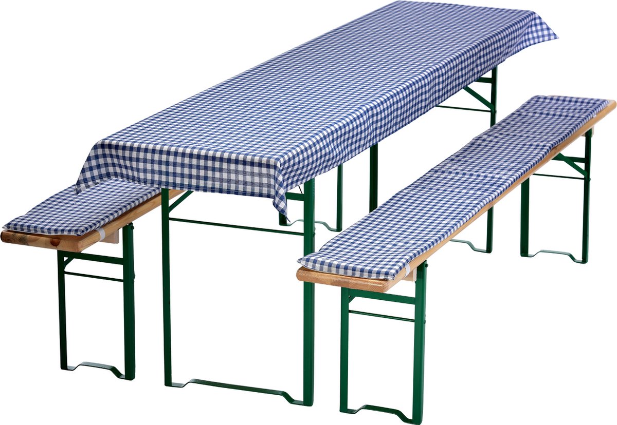 Bierbankkussens Set 240x90 cm Blauw Geruit - 1x Tafellaken voor 220x70 cm tafels & 2x Gevoerde kussens voor 220x25 cm banken