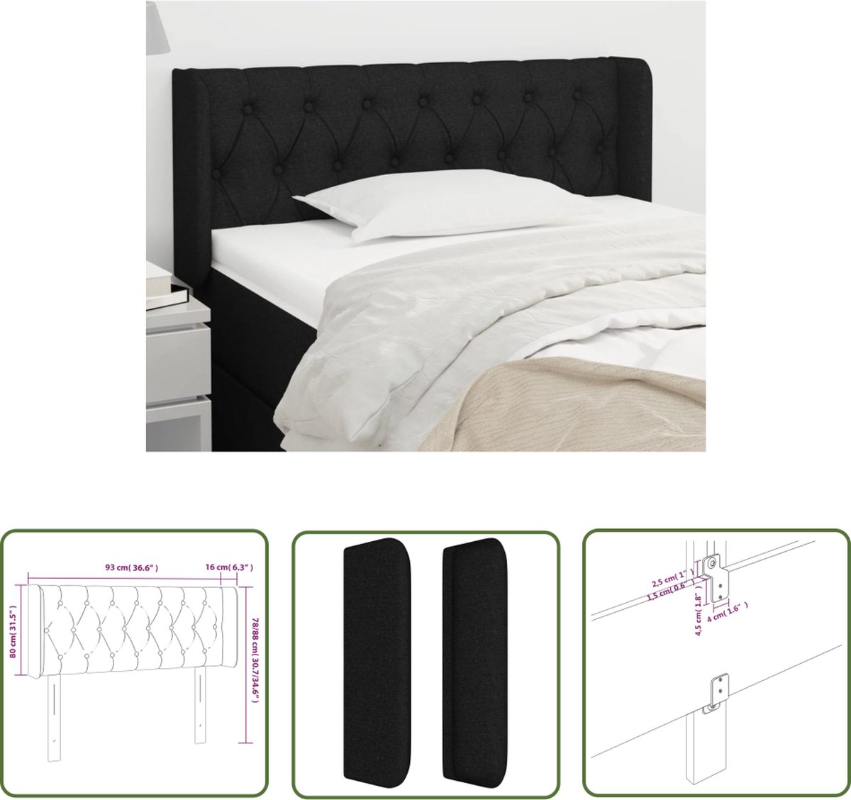 The Living Store Hoofdeind - Bedombouwaccessoires - 93 x 16 x 78/88 cm - Zwart