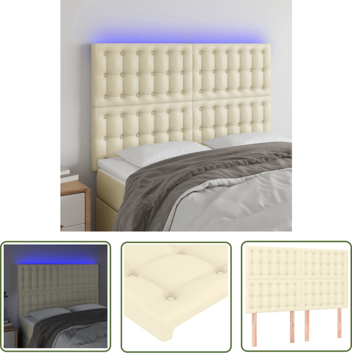 The Living Store Hoofdeind LED The Living Store - Crème Kunstleer - 144 x 5 x 118/128 cm - Verstelbaar