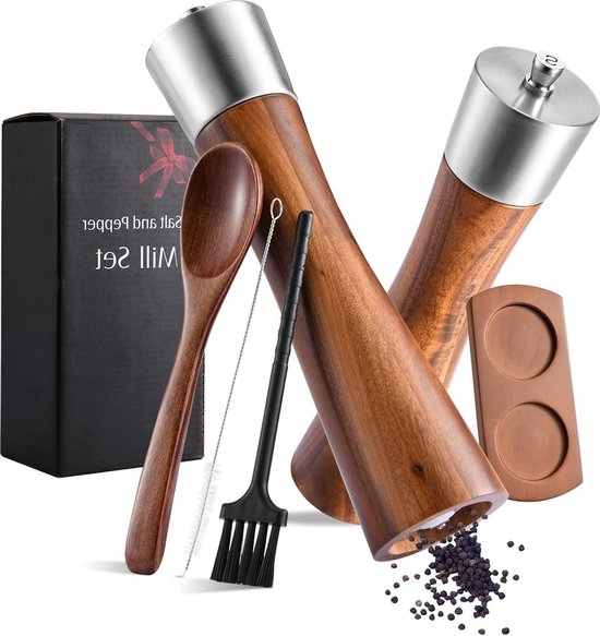 Zout- en pepermolen hout set van 2, handmatige molens zoutmolens solide met sterke verstelbare keramische molens, acryl transparant