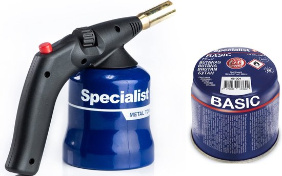 Foto: Gasbrander met 1 gaspatroon specialist met piezo ontsteking metalen behuizing