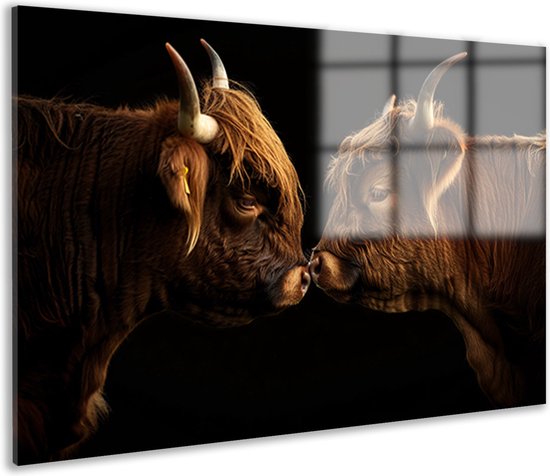 Schotse Hooglanders schilderij - Dieren muurdecoratie - Glas schilderij Koe - Wanddecoratie klassiek - Acrylglas schilderijen - Decoratie muur acrylglas 120x80 cm