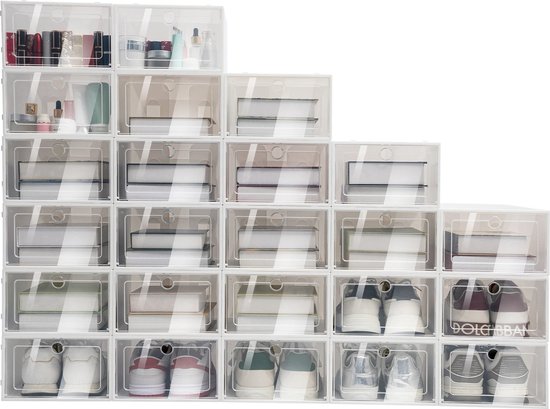Relaxdays schoenenbox transparant, 12 stuks, stapelbaar, doorzichtige opbergbox met deksel, 12,5x20x34,5 cm, zwart