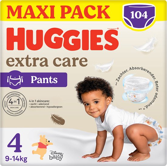Huggies® Extra Care baby luierbroekjes, Maat 4 (9 tot 14kg), 104 luiers met zachte elastische tailleband en Disney designs, Maxi Pack