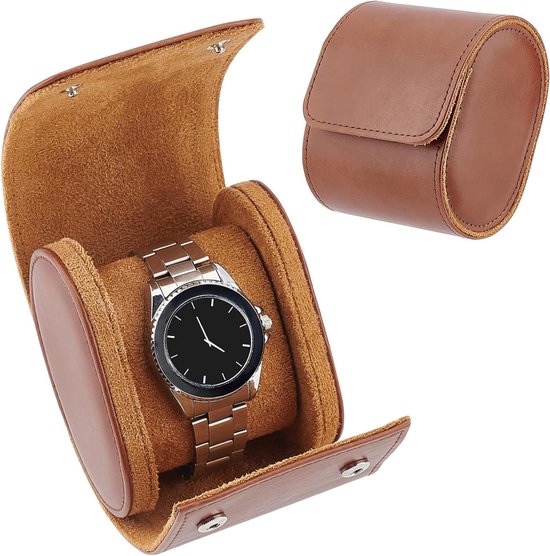 BAIGIO Horloge Box 3 Slots Horloge Roll Lederen Horloge Reistas Cilindrische Horloge Transport Box voor Mannen en Vrouwen Lederen Horloge Opbergdoos Organizer Horloge Tas Dames (Bruin
