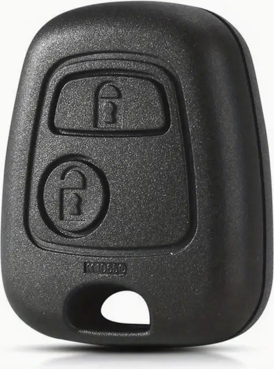 Zwarte autosleutel behuizing met twee knoppen met slot-icoontjes en een sleutelgat aan de onderkant.