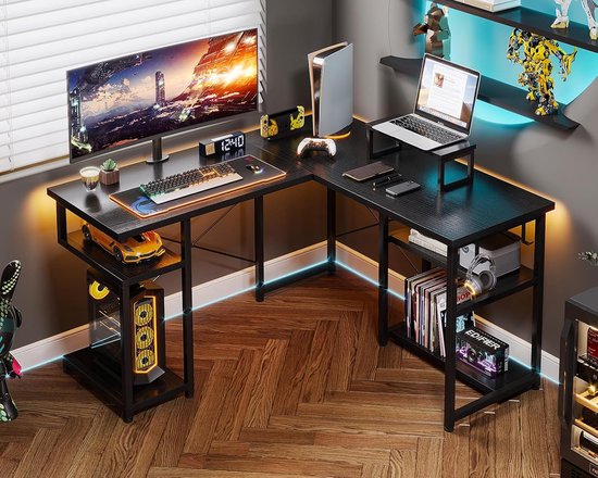 Bureau Angle LED Bureau Gaming 120 X 60 Cm, Bureau Gamer Avec Plateau En Fibre De Carbone Table De Jeu Ergonomique Noir 95624995 Setup Gaming