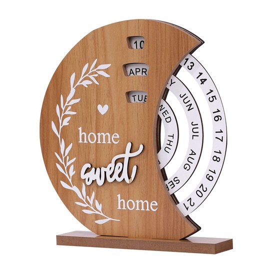 Houten Maanvormige Handmatige Draaikalender - Stijlvolle Eeuwigdurende Kalender met "Home Sweet Home" Design voor een Sfeervol Interieur