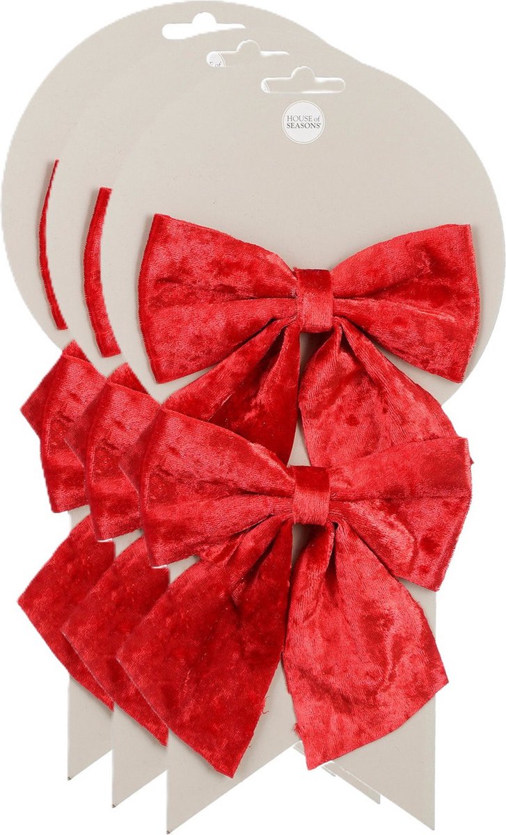 House of Seasons Kerst ornamenten strikken - 6x st - rood - 12 x 13 cm - kerstboomstrikjes