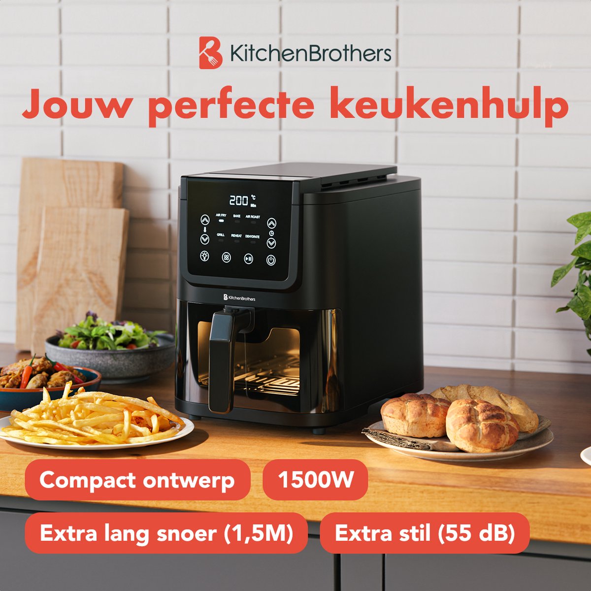 Afbeelding 2 van KitchenBrothers Airfryer XL - 1500W - 5L - Heteluchtfriteuse - 60ºC tot 200ºC - Met kijkvenster - Compact design - Extra stil - 6 Kookprogramma's - Zwart