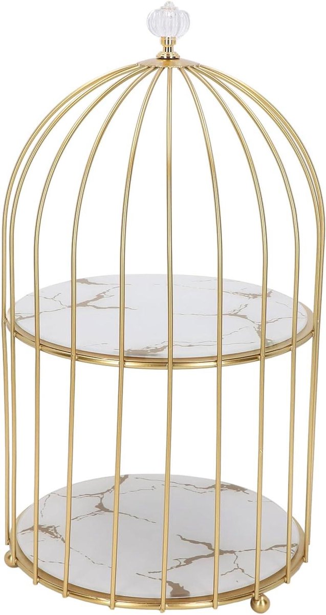 Dubbellaagse vogelkooi desktop make-up organizer rek - cosmetisch rek vogelkooi taart standaard dessert display stands (witte basis gouden patroon)