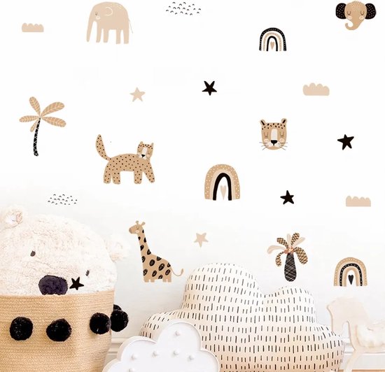 Muursticker Chambre d'enfant - Chambre de bébé - 38 stickers - Animaux sauvages - Jungle - Safari - Dessin animé - Garçon - Fille - PVC autocollant - Beige - Couleurs Neutres