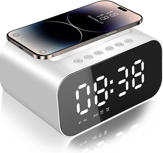 Draadloze Oplader Wekkerradio Bluetooth Speaker Zilver