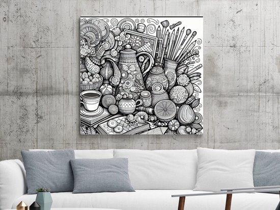 Doodle stilleven schilderij | Woorden in beeld: een levendig stilleven van artistiek gekrabbel | Kunst - 80x80 centimeter op Dibond | Foto op Dibond
