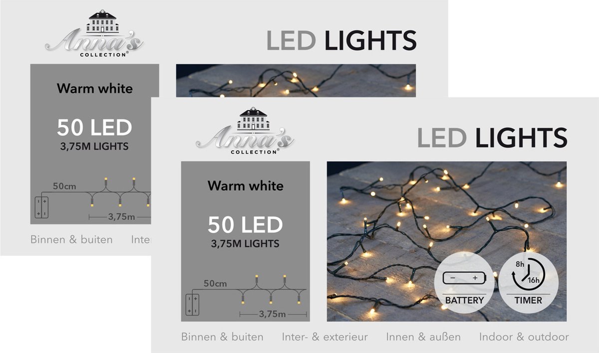 Anna's Collection Kerstverlichting - 2x - warm wit -375 cm - 50 leds - zwart snoer - batterij