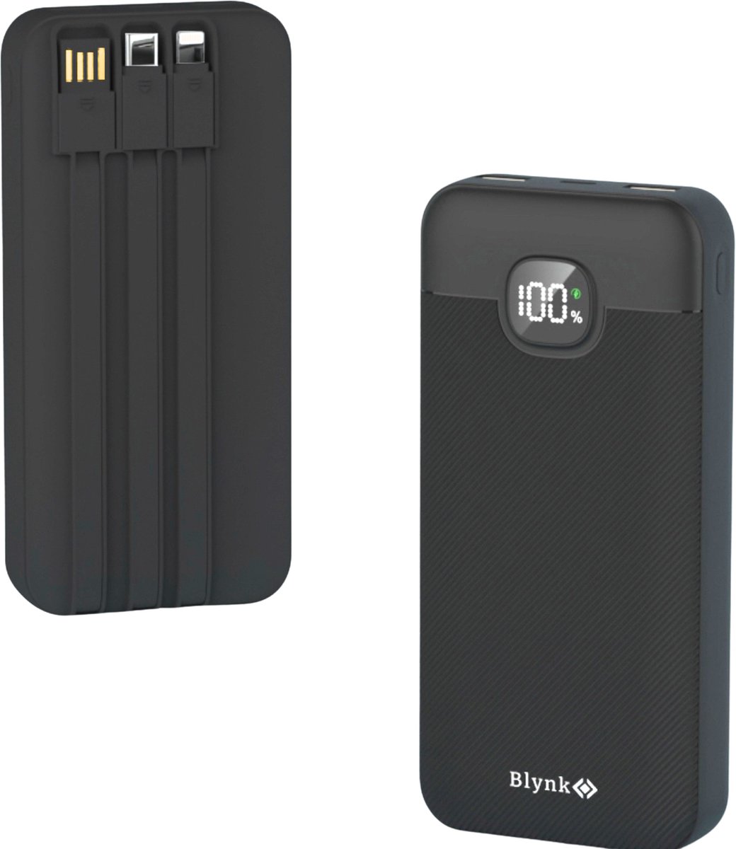 Powerbank 20000 mah - Quick Charge - Ingebouwde kabels - USB/USB-C - Apple/Iphone en Samsung - Zwart