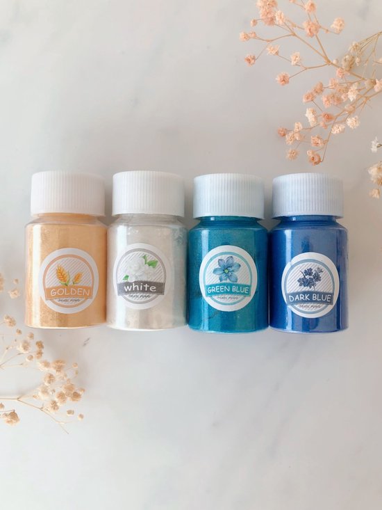 Mica Poeder Set | OCEAN GOLD | Pigment Poeder | Kleur Poeder | 8-10 gr per potje | Epoxy Resin Giethars | 4 kleuren per set: Wit, Goud, Groen-Blauw, Donker Blauw | Parelmoer-effect