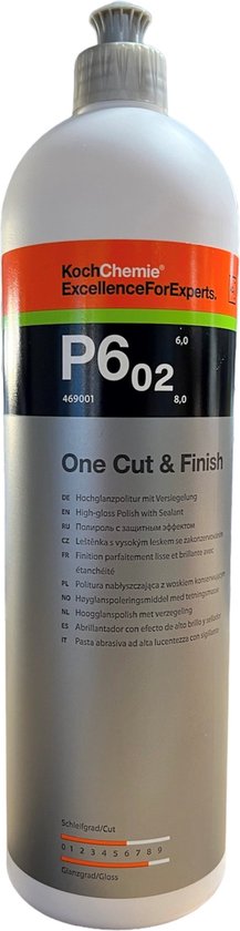 Witte fles Koch Chemie P6.02 One Cut & Finish polijstmiddel met oranje en groene accenten.