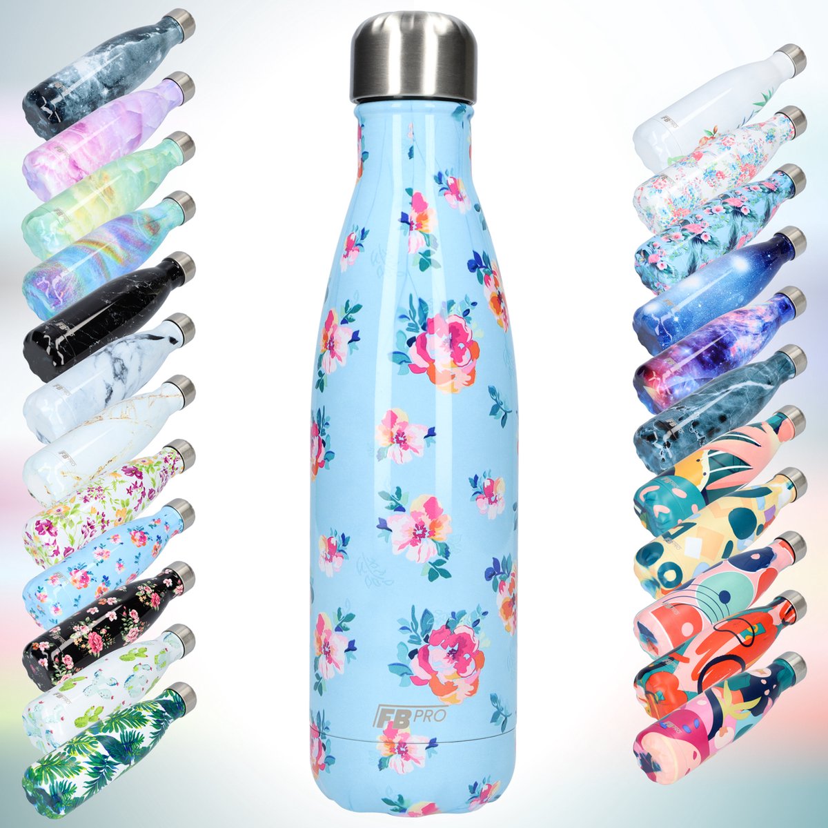 FBFS40, Thermosfles, Drinkfles, Waterfles - Modern & Slank Design - Thermos Fles voor de Warme en Koude Dagen - Dubbelwandig - Robuuste Thermoskan - 500ml - Classic Blue Flowers - Klassiek Blauw Bloemen