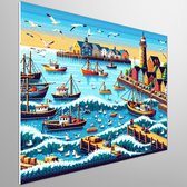 Pixel art haven schilderij | Haven's Pixelated Masterpiece: A Digital Harbor of Artistic Expression | Kunst - 100x100 centimeter op Forex | Foto op Forex