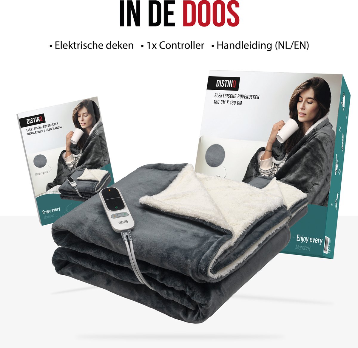 DistinQ Elektrische Bovendeken XXL 180x160 cm - 2 persoons omslagdeken - 160watt - Automatische Uitschakeling - Oververhittingsbescherming - 9 Standen - Warmtedeken - Grijs Sherpa - Energiezuinig – foto 8