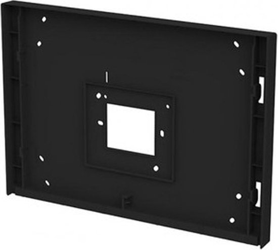 Zwarte Busch-Jaeger montageframe voor een 10-inch scherm, met vierkante uitsparing en schroefgaten.