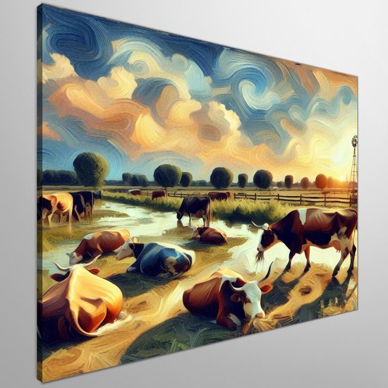 Olieverf vee schilderij | Boerse Betovering: Levendig Landschap in Olieverf en Vee Verbeeld | Kunst - 100x100 centimeter op Canvas | Foto op Canvas