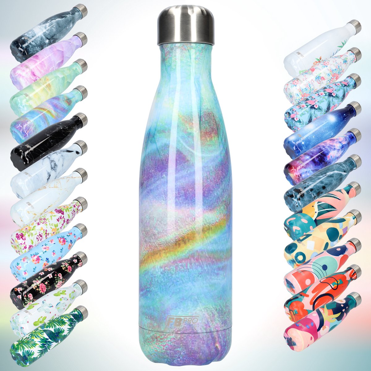 FBFS30, Thermosfles, Drinkfles, Waterfles - Modern & Slank Design - Thermos Fles voor de Warme en Koude Dagen - Dubbelwandig - Robuuste Thermoskan - 500ml - Galaxy Rainbow - Sterrenhemel Regenboogkleur