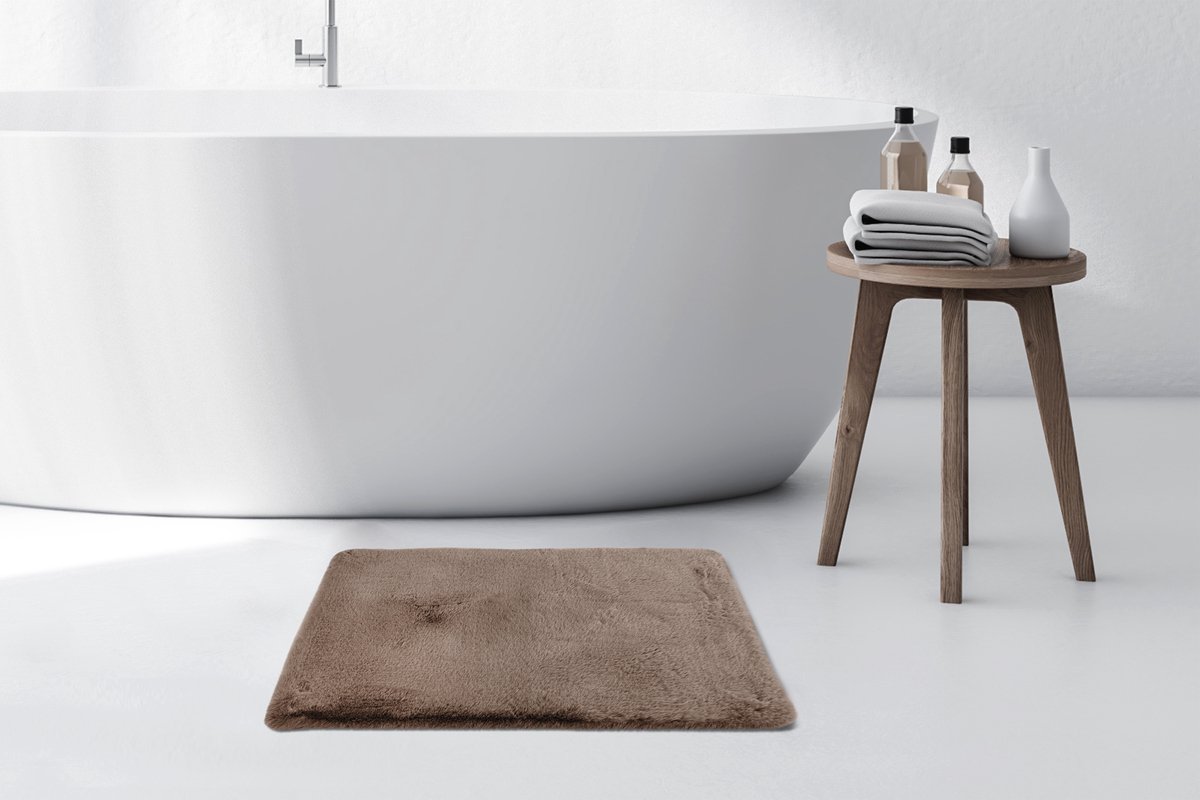 Floraya - Badmat - Fluffy - Hoogpolig- Taupe - 40x60cm - - Antislip