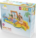 Verpakking van Intex dinosaurus zwembad met glijbaan en spelende kinderen.