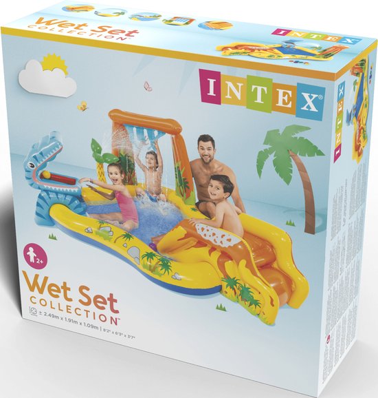 Verpakking van Intex dinosaurus zwembad met glijbaan en spelende kinderen.